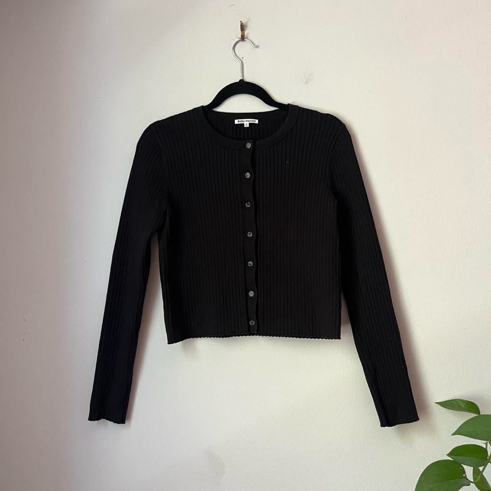 Reformation Ribbed Button-Up Crop Cardigan - Black